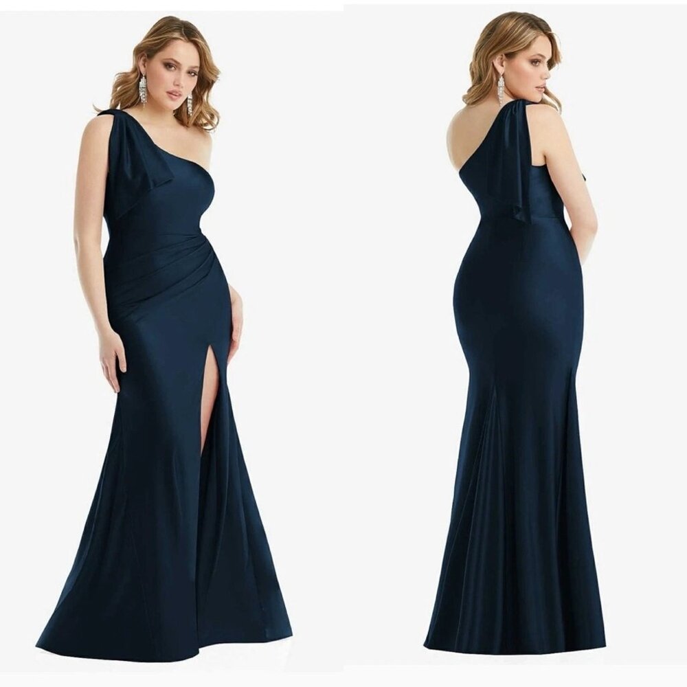 Cynthia & Sahar Womens Large Sateen One Shoulder Evening Formal Dress Gown Blue